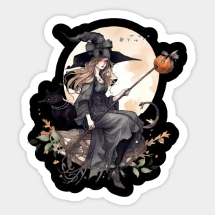 Mystical Witch and Her Black Cat with Ravens and A Harvest Moon Sticker